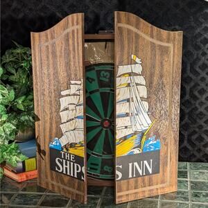 NEW Vintage Retro 70s Ships Inn Hanging Wooden Case Dart Board Man Cave Bar NOS